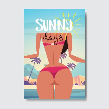 Dikiz seksi kadın güneşli plaj ganimet çıplak kıçını bikini yaz tatil rozet tasarım etiketi sakin ol. Logo, şablonlar, davet için yazı, tebrik kartı, baskılar ve posterler sezon tatil.