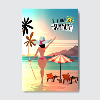 sexy woman raise hand up sun loungers and a beach umbrella booty bare rear view ass bikini summer vacation badge Design Label lettering for logo Templates invitation greeting card prints and posters