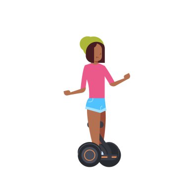 Afrikalı kız gyroscooter beyaz arka plan üzerinde sürme. gyroboard kavramı. tam uzunlukta karakter karikatür. düz stil