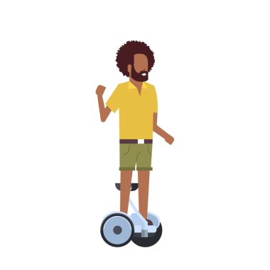 Afrikalı çocuk gyroscooter beyaz arka plan üzerinde sürme. gyroboard kavramı. tam uzunlukta karakter karikatür. düz stil