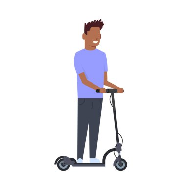 Afrikalı çocuk elektrik sürme beyaz arka plan üzerinde scooter tekme. tam uzunlukta karakter karikatür. düz stil