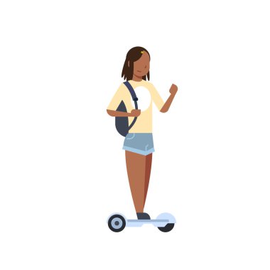 Afrikalı kız gyroscooter beyaz arka plan üzerinde sürme. gyroboard kavramı. tam uzunlukta karakter karikatür. düz stil