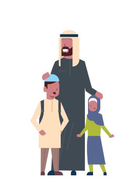 Arap Baba sakal oğlu ve kızı tam uzunlukta avatar beyaz arka plan, başarılı Aile kavramı, düz çizgi film
