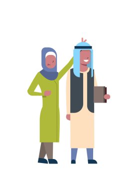 Arap kız kardeşi tutun boynuzları kardeşim kitap tam uzunlukta avatar beyaz arka plan, başarılı Aile kavramı, düz çizgi film