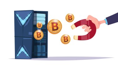 Veri depolama elini tut hosting sunucuları ve personel ile mıknatıs bitcoin merkezi. Bilgisayar araştırma iletişim desteği, kripto para birimi konsept düz tasarımı