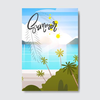 tatlı yaz manzara palmiye ağacı beach rozet tasarım etiketi. Logo, şablonlar, davet için yazı, tebrik kartı, baskılar ve posterler sezon tatil