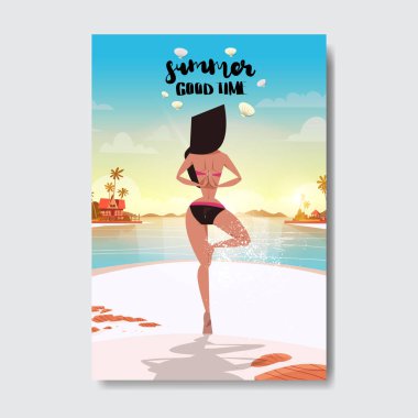 Yaz yoga dikiz kadının yapması egzersizleri sakin manzara sunny beach rozet tasarım etiketi. Logo, şablonlar, davet için yazı, tebrik kartı, baskılar ve posterler sezon tatil.