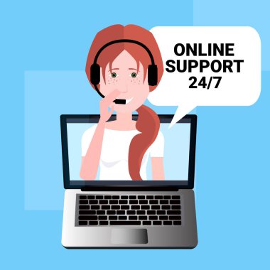 çağrı merkezi kulaklık aracı kadın kabarcık istemci desteği online işleç, müşteri ve teknik servisi simgesini, sohbet kavramı, düz tasarlamak vektör