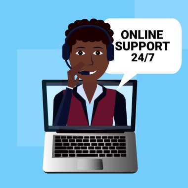 çağrı merkezi kulaklık Ajan Afrika adam kabarcık istemci desteği operatör, müşteri ve teknik servisi simgesini, sohbet kavramı, düz tasarım