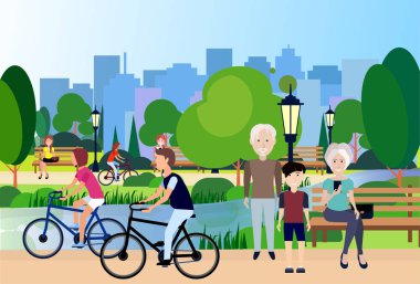 şehir park açık havada dedesi ahşap Bank sokak lambası nehir adam kadın şehir binaları şablon arka plan üzerinde düz yeşil çim ağaçlar Bisiklete binme