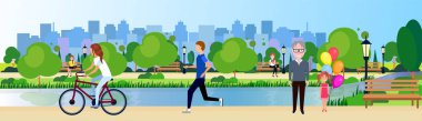 public park people relax wooden bench outdoors walking cycling running river green lawn trees on city buildings template background flat banner clipart