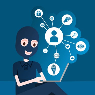 Kız hacker siyah maskeyi ilişkisi diyagramı çeşitlilik simgesini mavi arka plan güvenlik ve koruma genel veri koruma yönetmeliği Gdpr kavramı düz üzerine