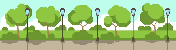 Taman kota lampu jalan pohon rumput hijau templat latar belakang banner datar - Stok Vektor
