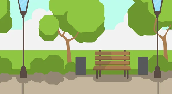 Ville parc banc en bois lampadaire vert pelouse arbres modèle fond plat — Image vectorielle