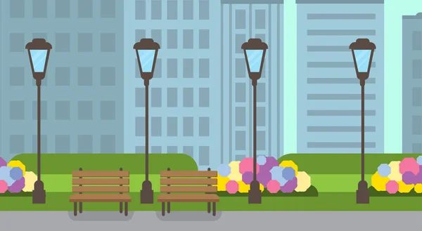 City park houten bankje straat lamp groen gazon bloemen sjabloon stadsgezicht achtergrond plat banner — Stockvector