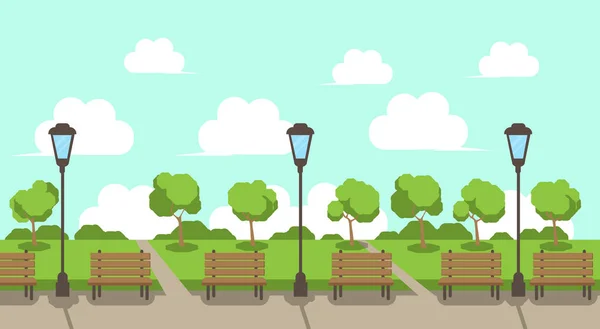 Parco della città panchina di legno lampione verde prato alberi modello sfondo piatto — Vettoriale Stock