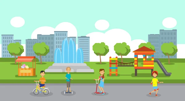 Meninas meninos andar de bicicleta gyroscooter comprimento total sobre parque da cidade crianças playground fonte gelo flores verde gramado árvores cityscape modelo fundo plano — Vetor de Stock