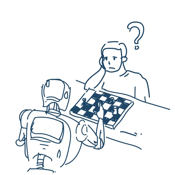 Schach spielende Menschen und Roboter kämpfen gegen künstliche Intelligenz wegen weißen Hintergrundskizze-Doodle — Stockvektor