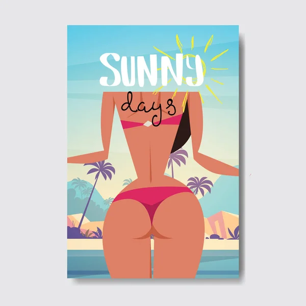 后视图性感的女人放松阳光海滩战利品裸屁股比基尼夏季假期徽章设计标签。节日假期字体为标志, 模板, 邀请, 贺卡, 印刷品和海报. — 图库矢量图片