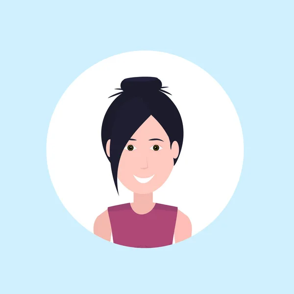 Mujer asiática cara feliz dama retrato sobre fondo azul, avatar femenino plana — Vector de stock