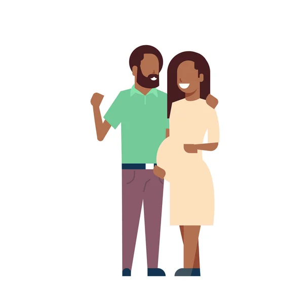 Afrikaanse zwangere lachende vrouw gelukkig man volle lengte avatar op witte achtergrond, succesvolle familie concept, platte cartoon — Stockvector