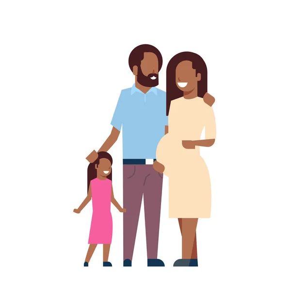Afrikaanse zwangere moeder vader dochter volledige lengte avatar op witte achtergrond, succesvolle familie concept, platte cartoon — Stockvector