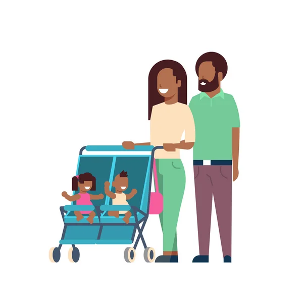 Afrikaanse vader moeder baby tweeling dubbele wandelwagen volledige lengte avatar op witte achtergrond, succesvolle familie concept, platte cartoon — Stockvector