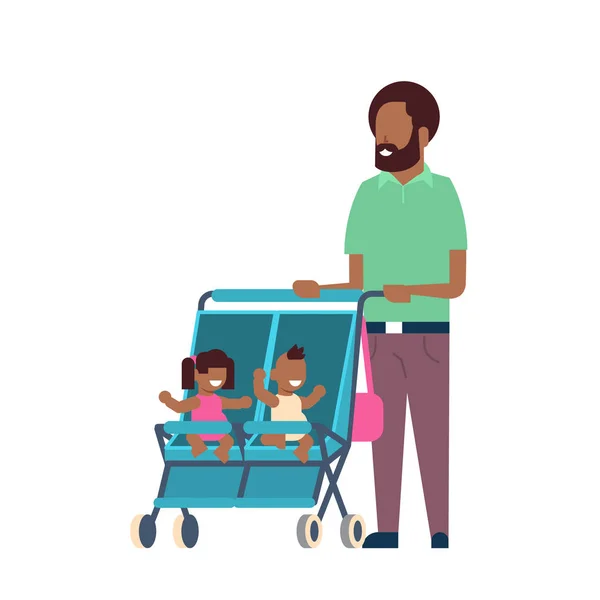 Afrikaanse vader baard zusje broer tweeling dubbele wandelwagen volledige lengte avatar op witte achtergrond, succesvolle familie concept, platte cartoon — Stockvector