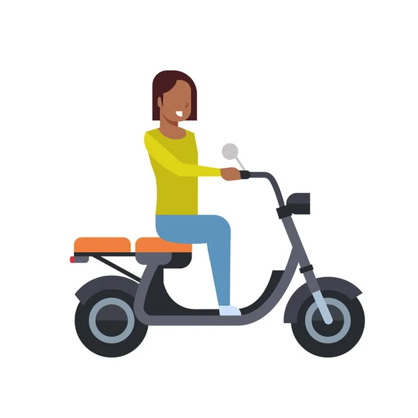 Afrique fille équitation scooter électrique sur fond blanc. concept de vélo électrique. personnage de bande dessinée pleine longueur. style plat — Image vectorielle