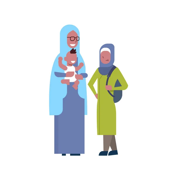 Арабическая бабушка с внуками, многодетная семья, аватар в полный рост на белом фоне, успешная семейная концепция, дерево родового плоского дизайна — стоковый вектор