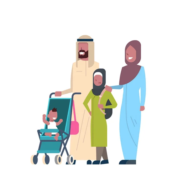 Padre árabe madre hija bebé hijo en cochecito longitud completa avatar sobre fondo blanco, concepto familiar exitoso, dibujos animados planos — Archivo Imágenes Vectoriales