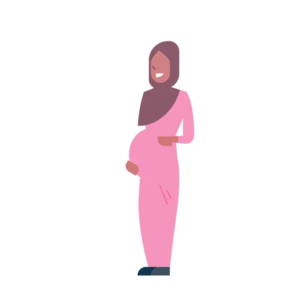 Араб беременная улыбающаяся мать полная длина аватар на белом фоне, успешная концепция семьи, плоский мультфильм — стоковый вектор