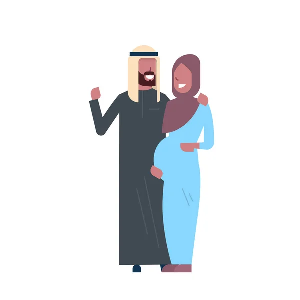 Arab pregnant smiling wife happy husband full length avatar on white background, successful family concept, flat cartoon — Stock Vector