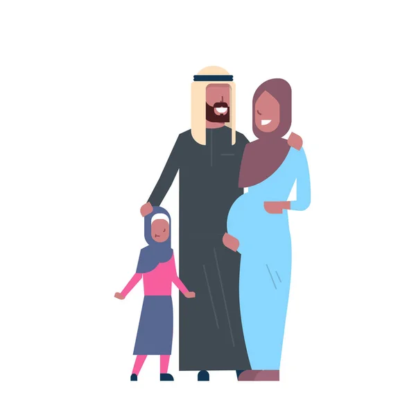 Arab pregnant mother father daughter full length avatar on white background, successful family concept, flat cartoon — Stock Vector