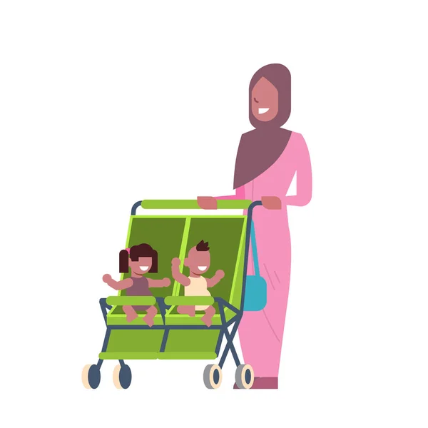 Arabische moeder zusje broer tweeling dubbele wandelwagen volledige lengte avatar op witte achtergrond, succesvolle familie concept, platte cartoon — Stockvector