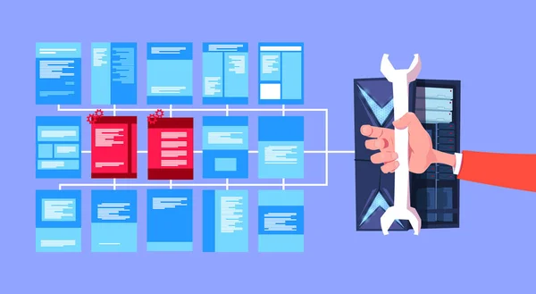 Kezét spanner tartsa adatokat adatvédelmi számítástechnikai központ hosting szerverek infographic, hálózati és adatbázis, internetes központ, kommunikáció támogat, lapos kivitel, banner — Stock Vector