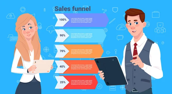 Hombre de negocios mujer embudo de ventas con pasos etapas infografía del negocio. concepto de diagrama de compra sobre fondo azul copia espacio plano diseño — Archivo Imágenes Vectoriales