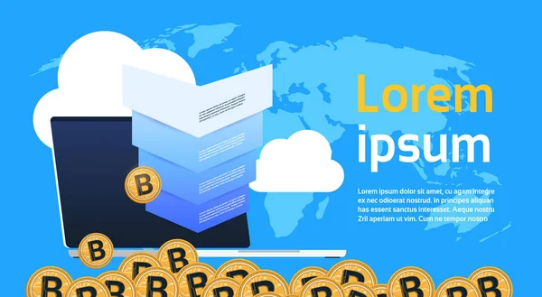 Bitcoin embudo criptomoneda con pasos etapas infografía del negocio. concepto de diagrama de compra sobre fondo azul copia espacio plano diseño — Archivo Imágenes Vectoriales