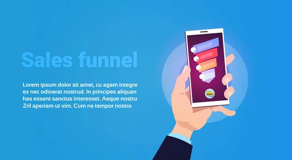 Mano sostener teléfono móvil aplicación venta embudo con pasos etapas infografía de negocios. concepto de diagrama de compra sobre fondo azul copia espacio plano diseño — Archivo Imágenes Vectoriales