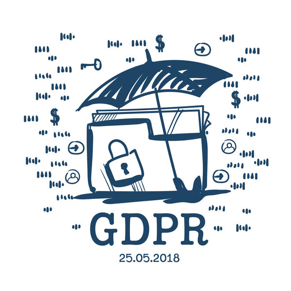 зонтик безопасности папки висячий замок Общие правила защиты данных GDPR сервер охранник на белом фоне рука нарисована
