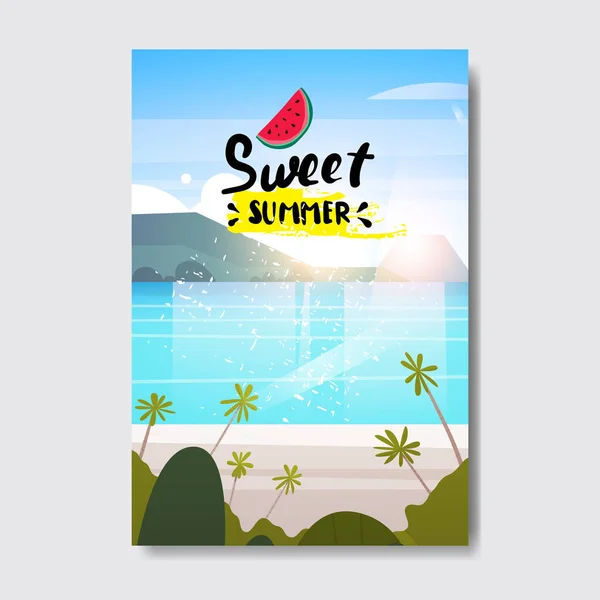 Sladké letní krajina palm tree beach odznak Design Label. Season Holidays písmo pro loga, šablony, pozvánka, pozdrav card, tisky a plakáty. — Stockový vektor