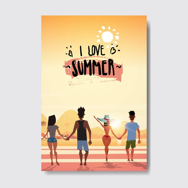 Summer love people holding hands looking sunset rear view relax landscape beach badge Design Label. Liburan musim surat untuk logo, Templat, undangan, kartu ucapan, cetakan dan poster . - Stok Vektor