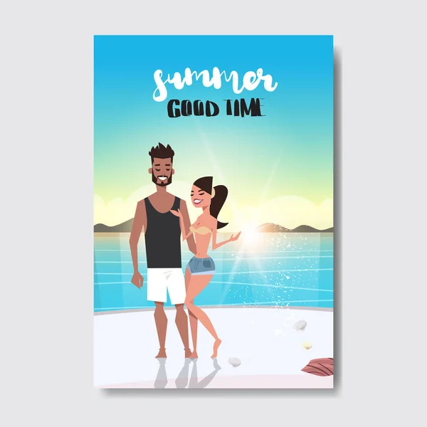 Správný čas letní muž žena pár po celé délce dovolené pláž odznak Design Label. Season Holidays písmo pro loga, šablony, pozvánka, pozdrav card, tisky a plakáty. — Stockový vektor