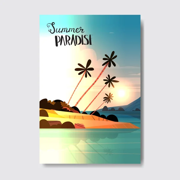 Verão paraíso vertical pôr do sol palmeira praia crachá design rótulo. temporada feriados lettering para logotipo, modelos, convite, cartão de saudação, impressões e cartazes . —  Vetores de Stock