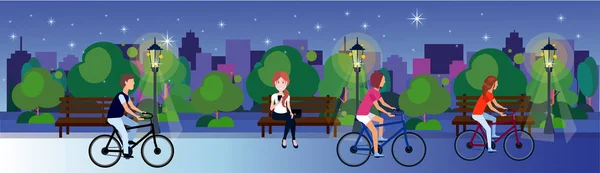 Publiczny miejski noc park kobieta człowiek siedzący drewniane ławki na zewnątrz pieszo, na rowerze, uruchomiona drzew zielony trawnik na budynków miasta szablon tło płaskie banner — Wektor stockowy