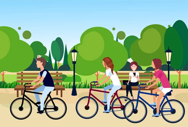 Pubblico urbano parco donna seduta legno panca all'aperto a piedi bicicletta verde prato alberi modello natura fondo piatto — Vettoriale Stock