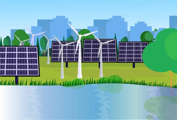 Parque da cidade energia limpa turbinas eólicas painéis de energia solar rio verde gramado árvores em edifícios da cidade modelo fundo plano —  Vetores de Stock