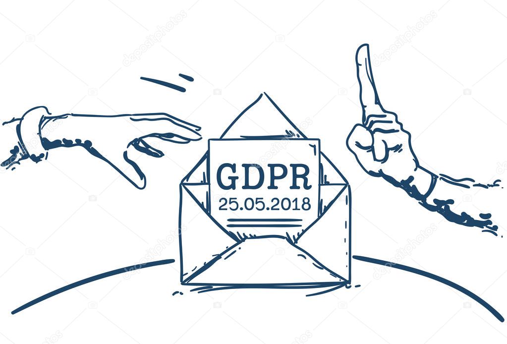 do not touch hand pointing letter in envelope General Data Protection Regulation GDPR server security guard over white background hand drawn vector illustration