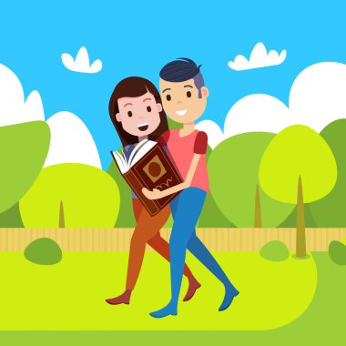 kaç kadın adam kitap gidiş düz park yolu karakter şablon tasarım çalışma ve animasyon kopya alanı düz için okuma
