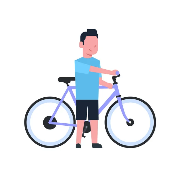 Uomo tenere bici su sfondo bianco cartone animato lunghezza completa ciclismo personaggio stile piatto — Vettoriale Stock
